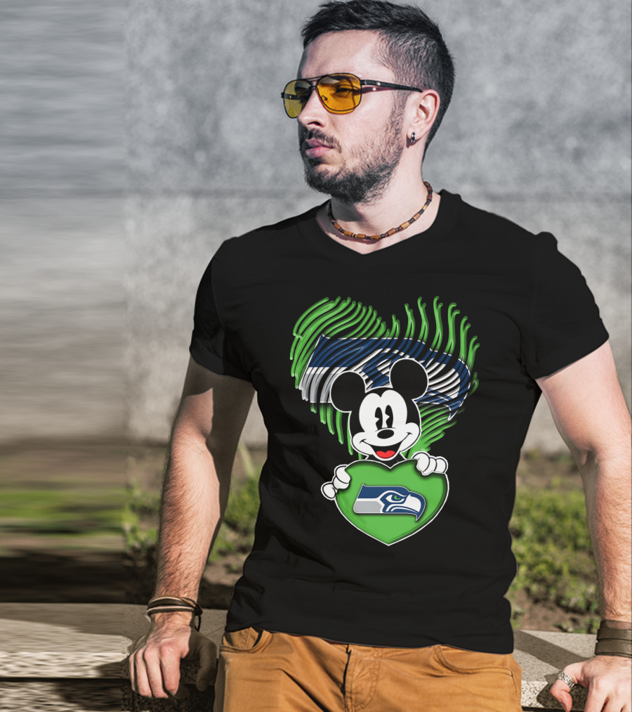 Mickey Mouse Heart Green With Seattle Seahawks T-Shirt