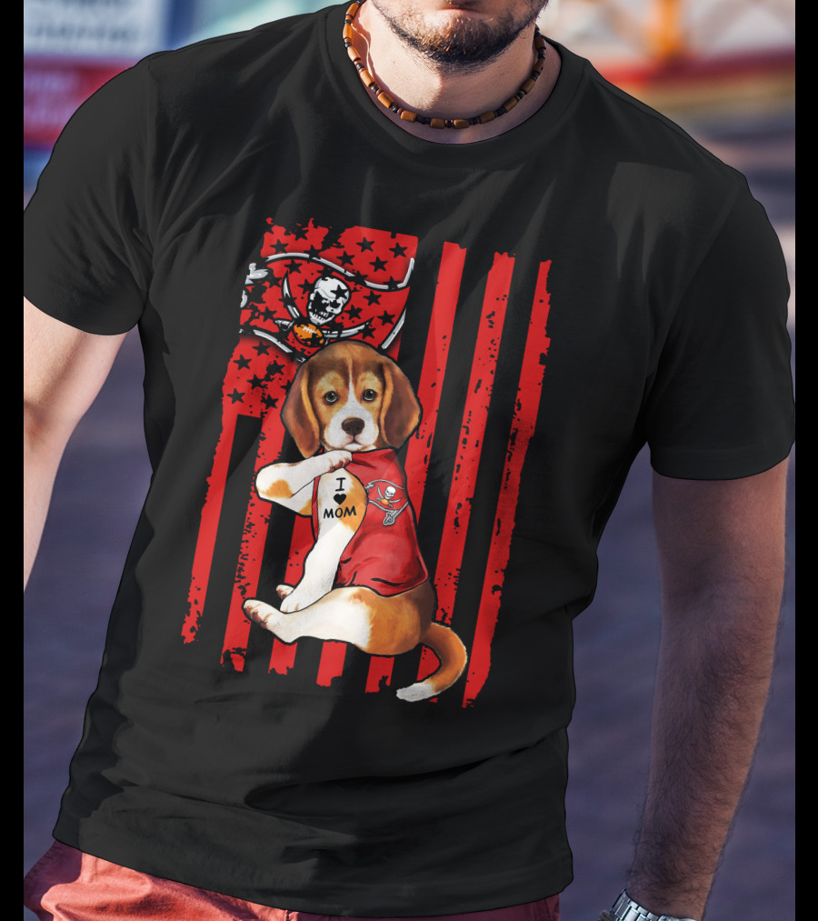 Beagle Puppy Tampa Bay Buccaneers I Love Mom Tattoo Patriotic Flag T-Shirt