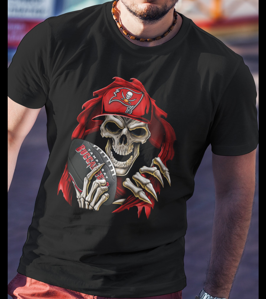 Skullbong Buccaneers Skeleton With Football And Red Cap T-Shirt