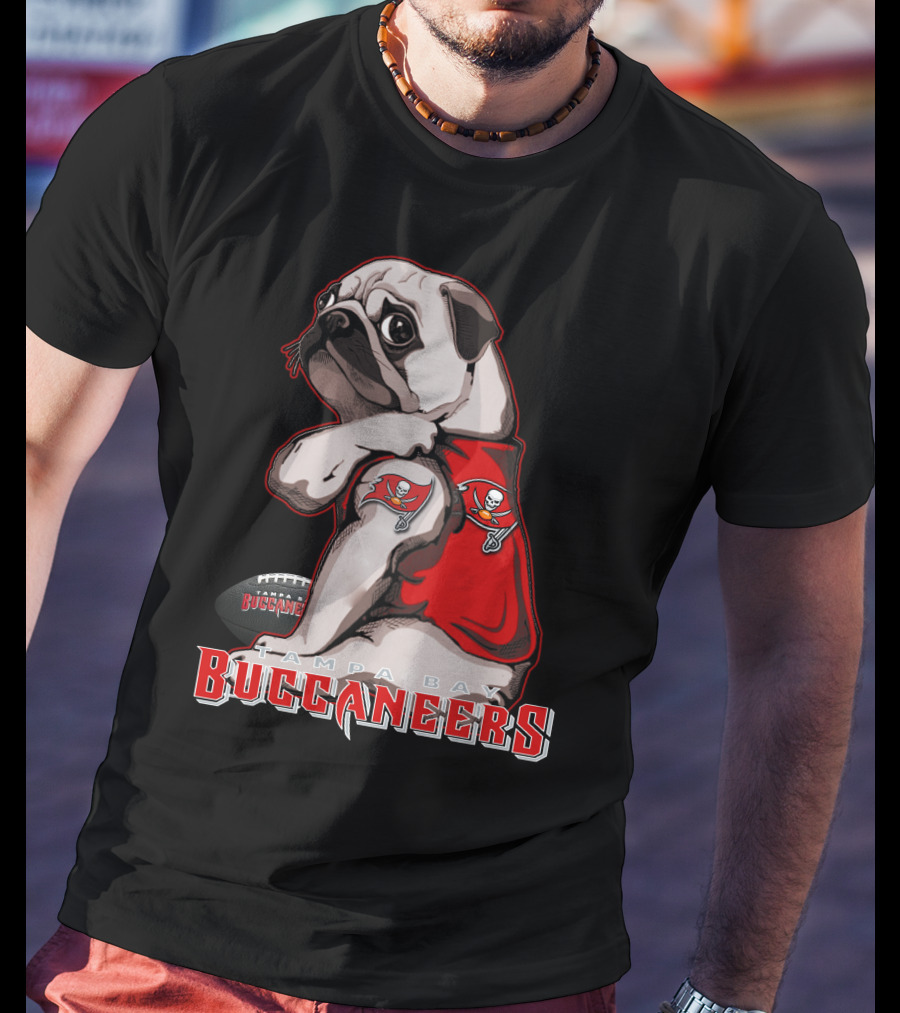 Pug Wearing Tampa Bay Buccaneers Jersey With Football T-Shirt