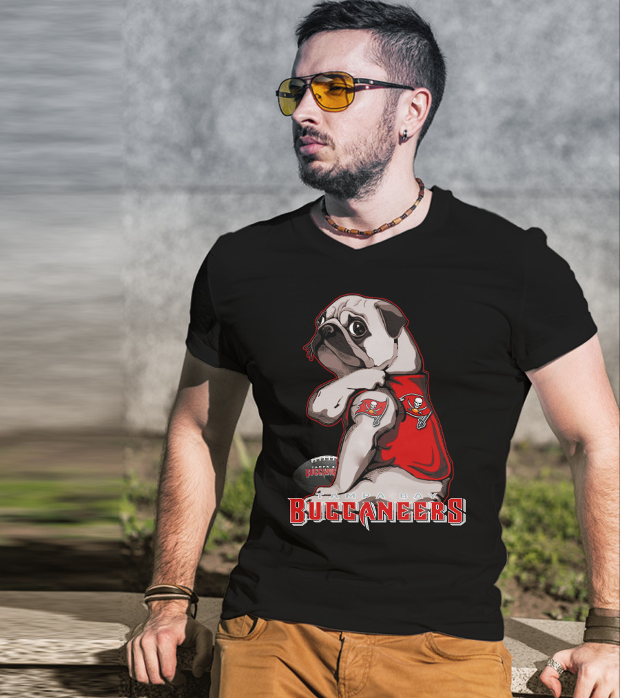 Pug Wearing Tampa Bay Buccaneers Jersey With Football T-Shirt