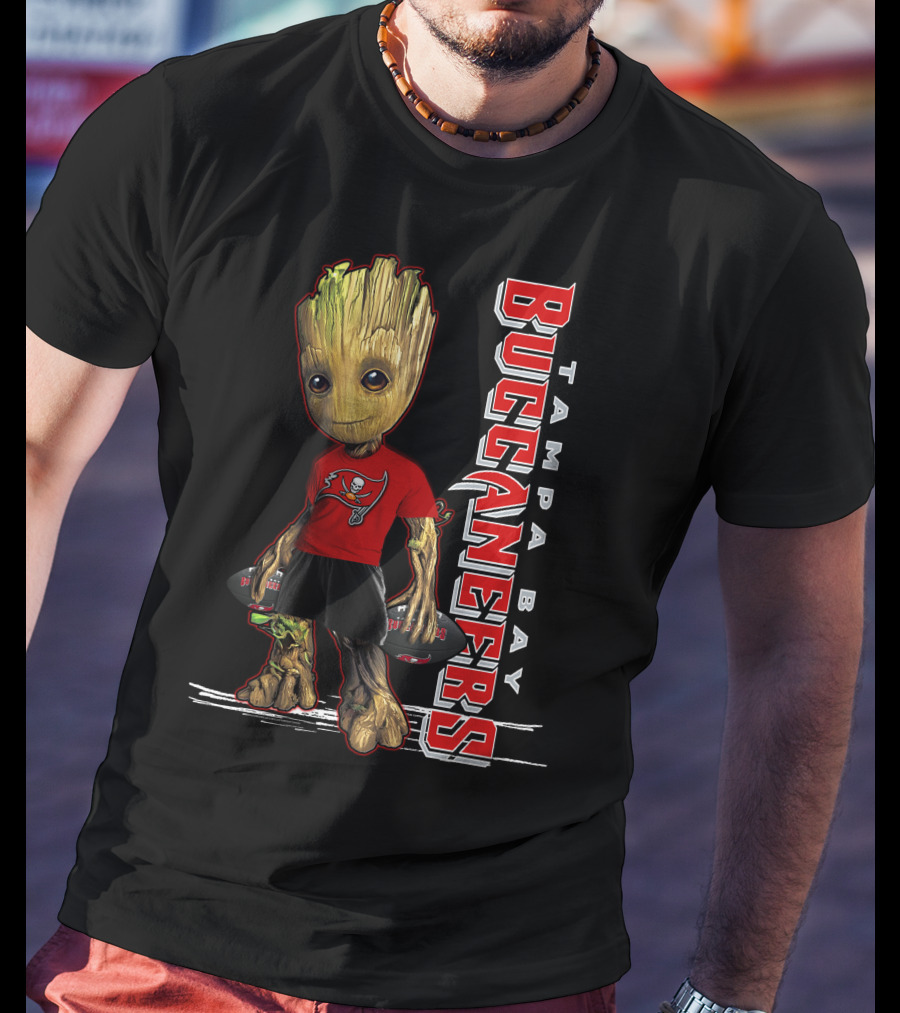 Groot In Tampa Bay Buccaneers Gear Standing With Football T-Shirt