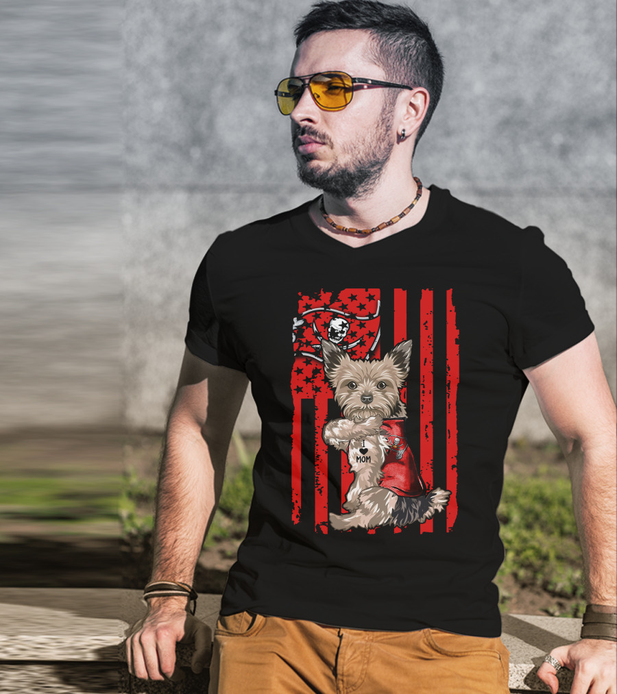 Yorkshire Terrier I Love Mom Tampa Bay Buccaneers American Flag T-Shirt