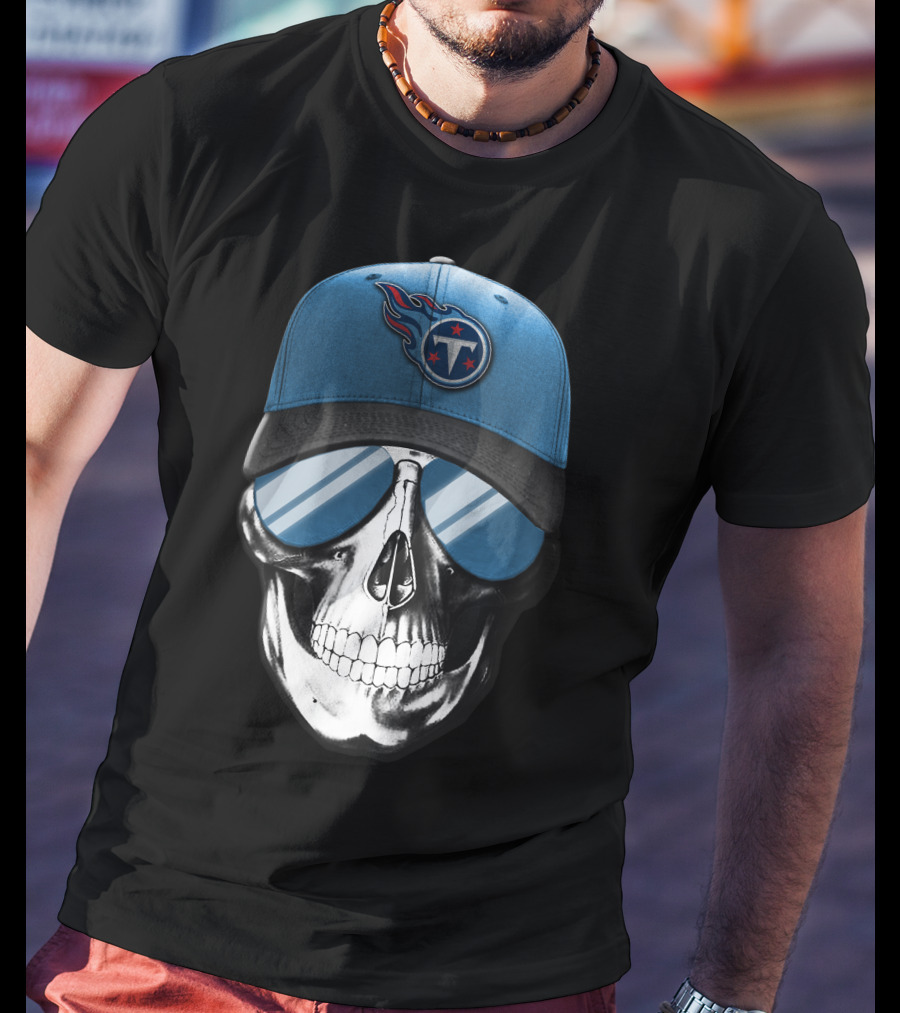 Skull With Tennessee Titans Logo Blue Cap And Sunglasses T-Shirt