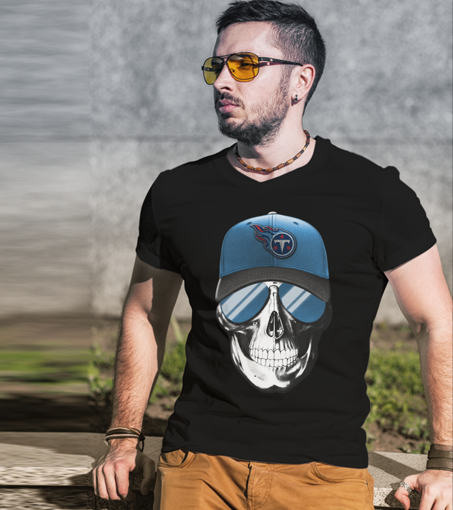 Skull With Tennessee Titans Logo Blue Cap And Sunglasses T-Shirt