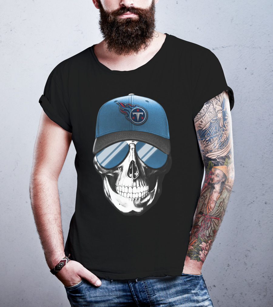 Skull With Tennessee Titans Logo Blue Cap And Sunglasses T-Shirt