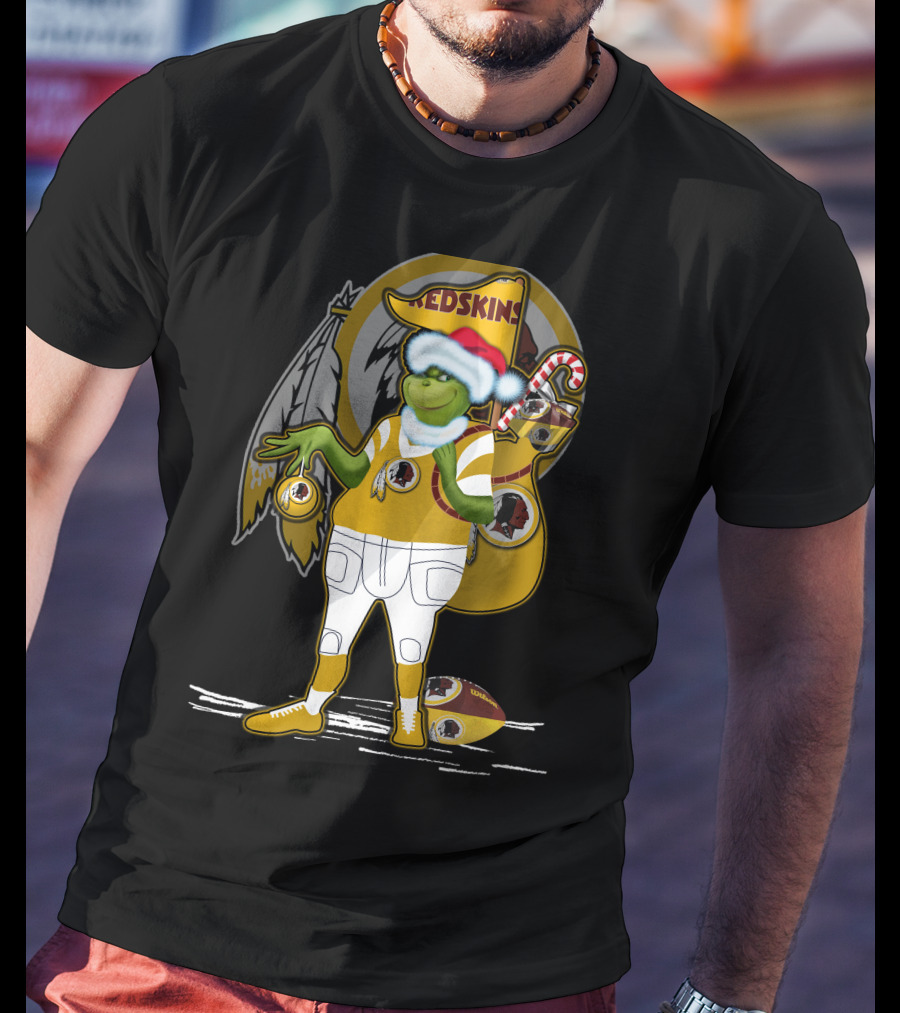 Grinchxmas V1 Washington Redskins Christmas Crossover With Santa Hat And Football Iconography T-Shirt