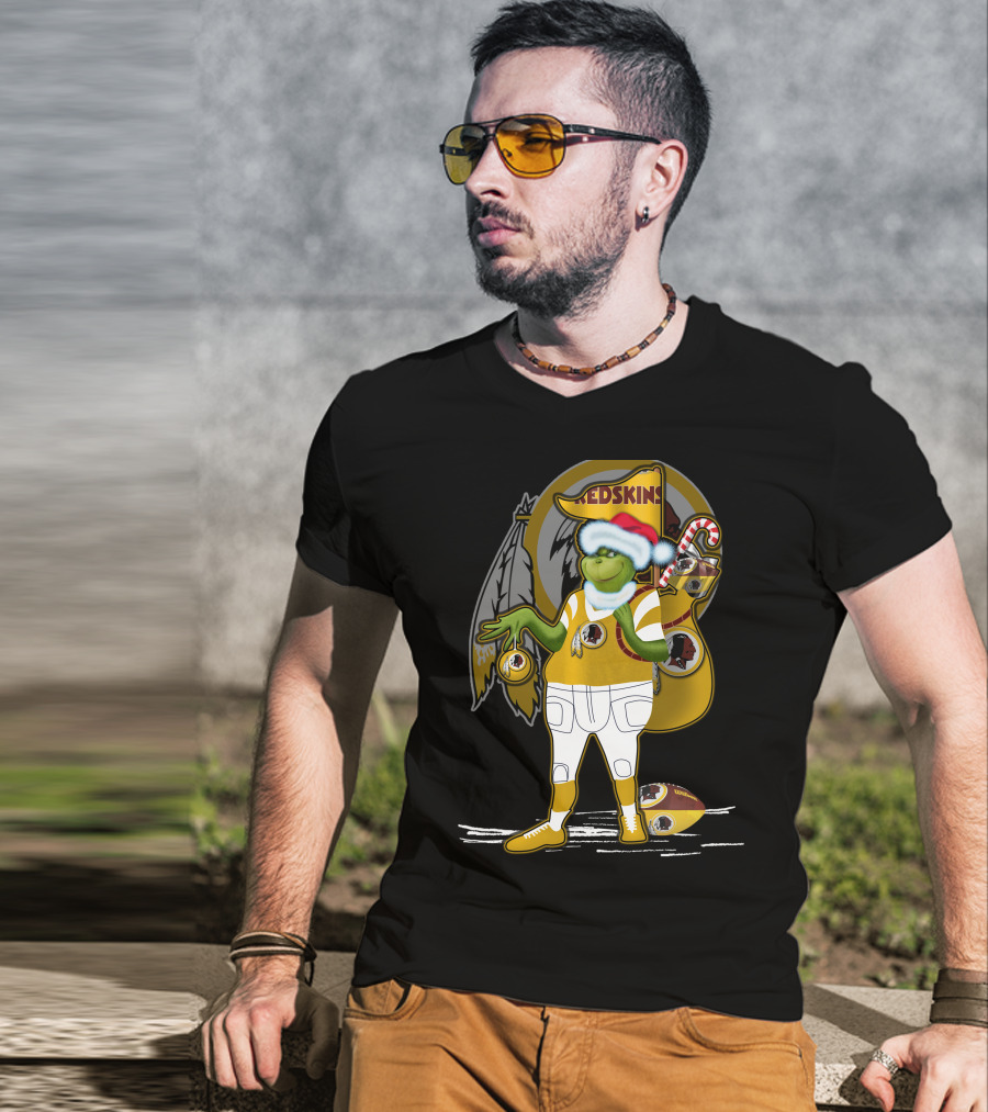 Grinchxmas V1 Washington Redskins Christmas Crossover With Santa Hat And Football Iconography T-Shirt