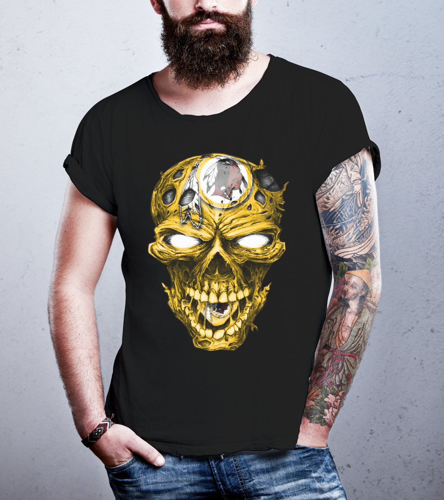 Skull V2 Washington Redskins Logo With Feather Headdress On Yellow Grinning Skull T-Shirt