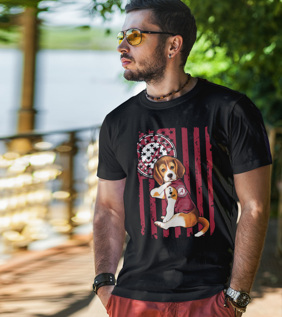 Beagle I Love Mom Alabama Crimson Tide Logo Usa Flag T-Shirt
