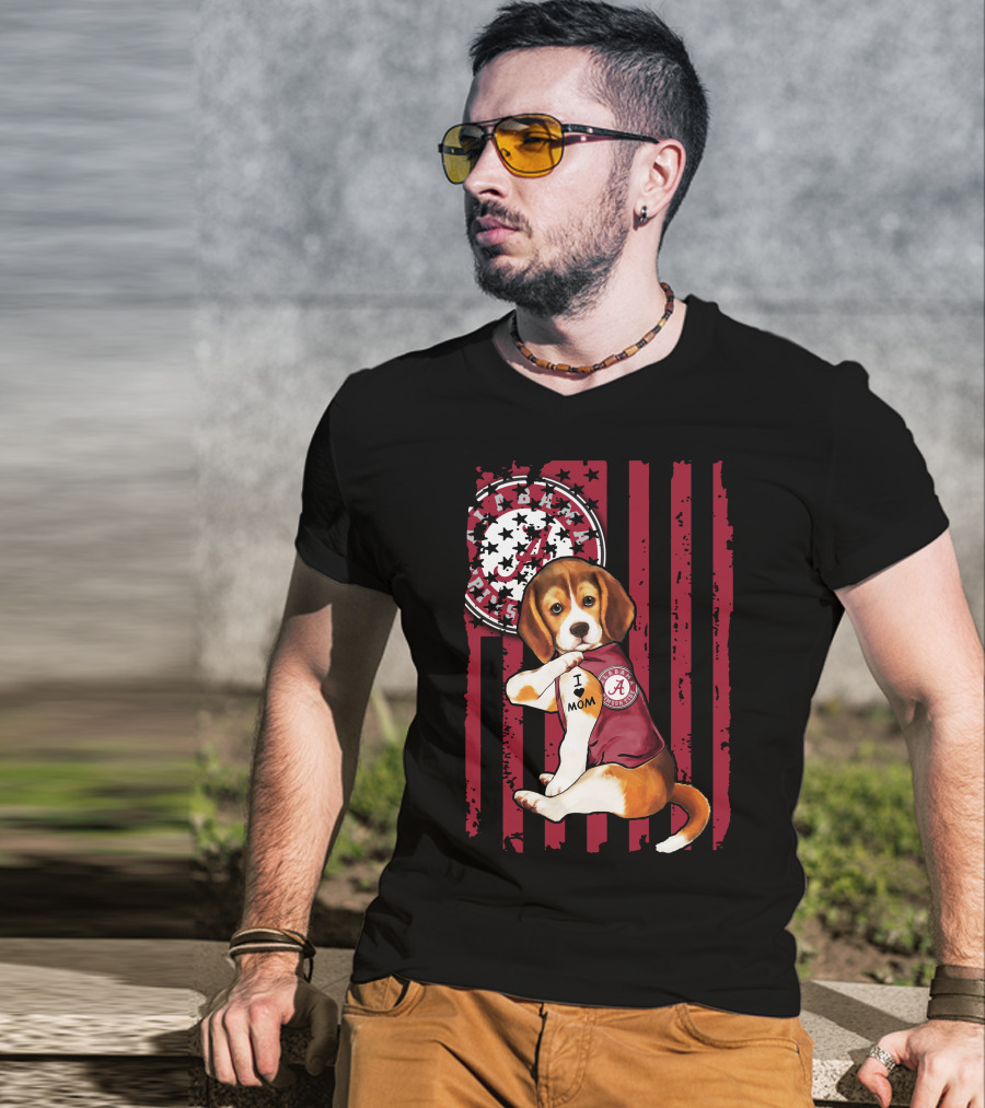 Beagle I Love Mom Alabama Crimson Tide Logo Usa Flag T-Shirt