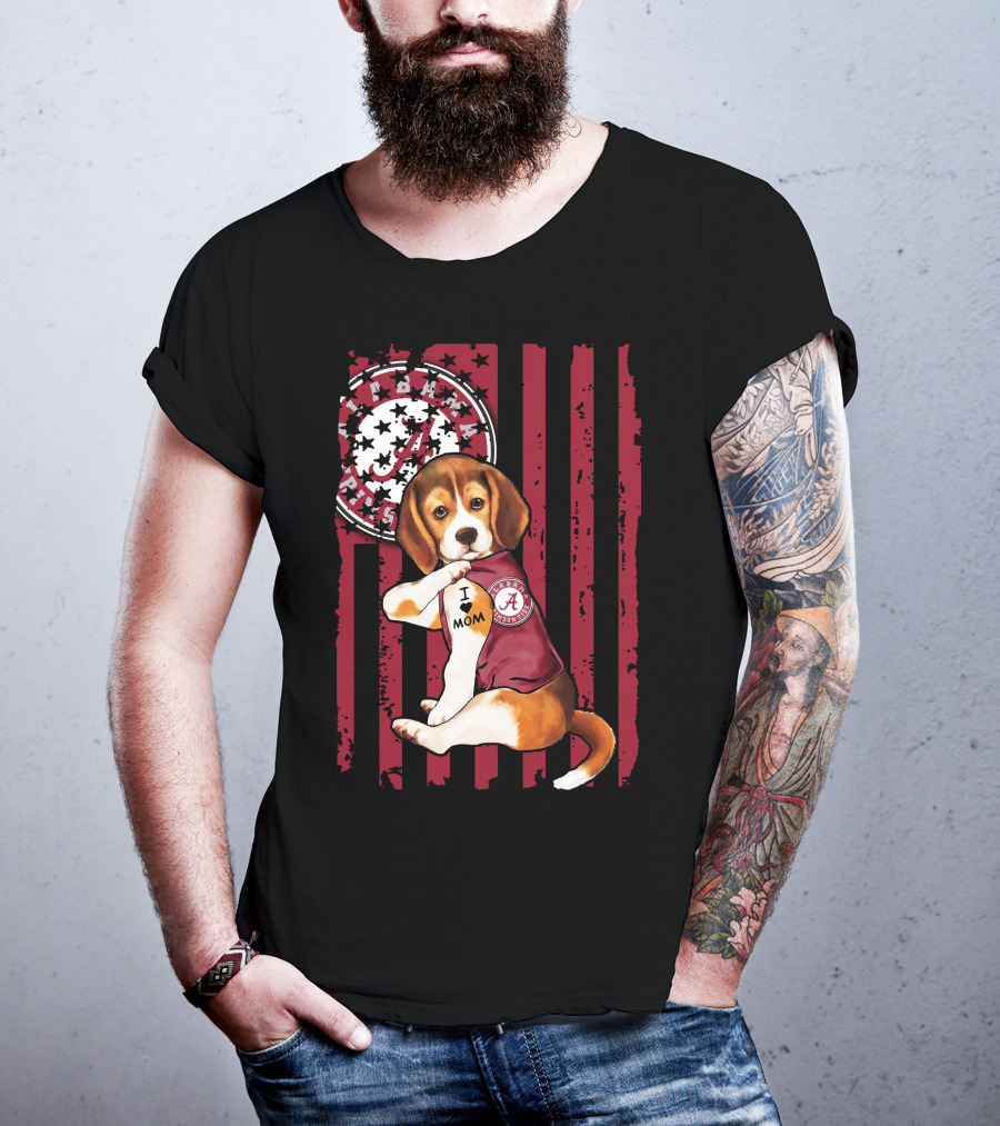 Beagle I Love Mom Alabama Crimson Tide Logo Usa Flag T-Shirt