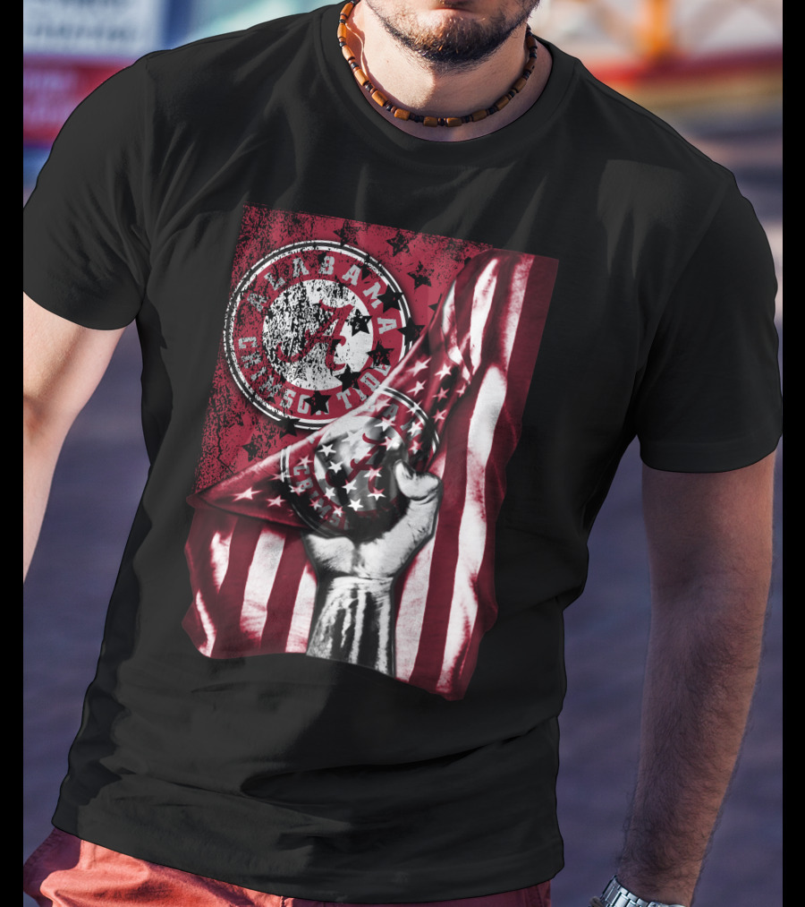 Alabama Crimson Tide Flag With Stars And Stripes Hand Motif T-Shirt