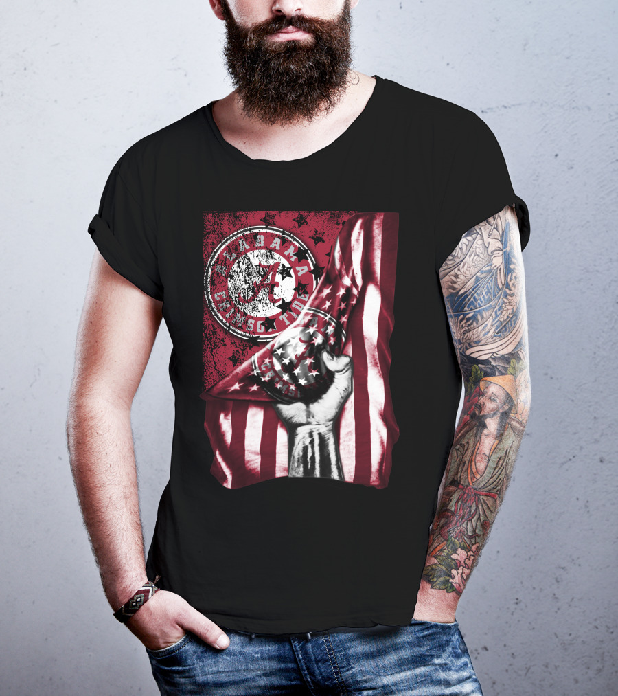 Alabama Crimson Tide Flag With Stars And Stripes Hand Motif T-Shirt