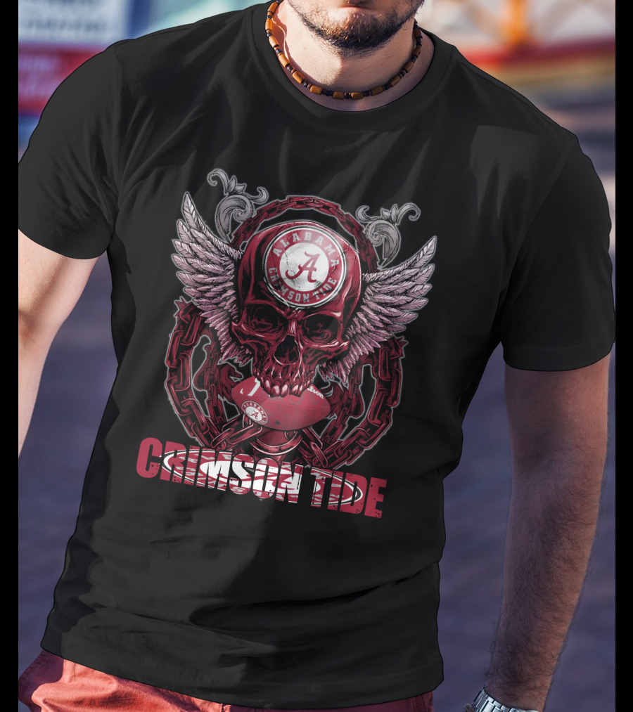 Alabama Crimson Tide Skullfb Winged Skull Football T-Shirt