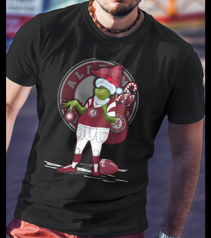 Grinchxmas Alabama Crimson Tide Football Theme With Santa Hat And Candy Cane Bag T-Shirt