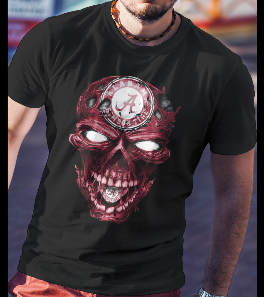 Skull V2 Alabama Crimson Tide A Logo Grinning Red Eyes T-Shirt