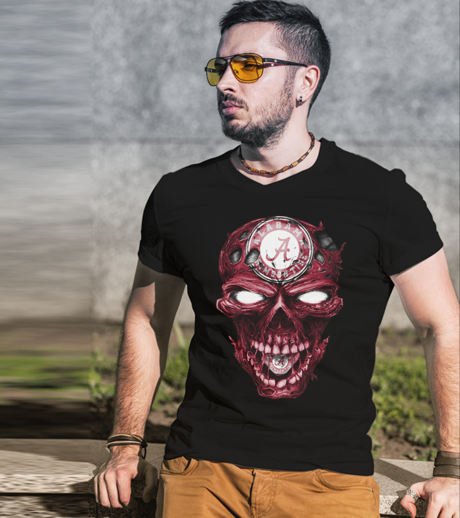 Skull V2 Alabama Crimson Tide A Logo Grinning Red Eyes T-Shirt