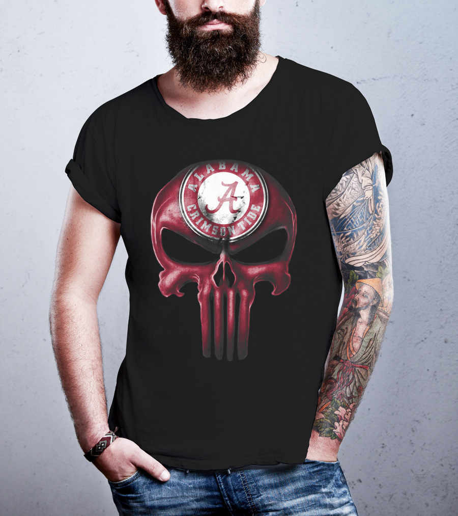 Skull Alabama Crimson Tide Logo Punisher Style T-Shirt