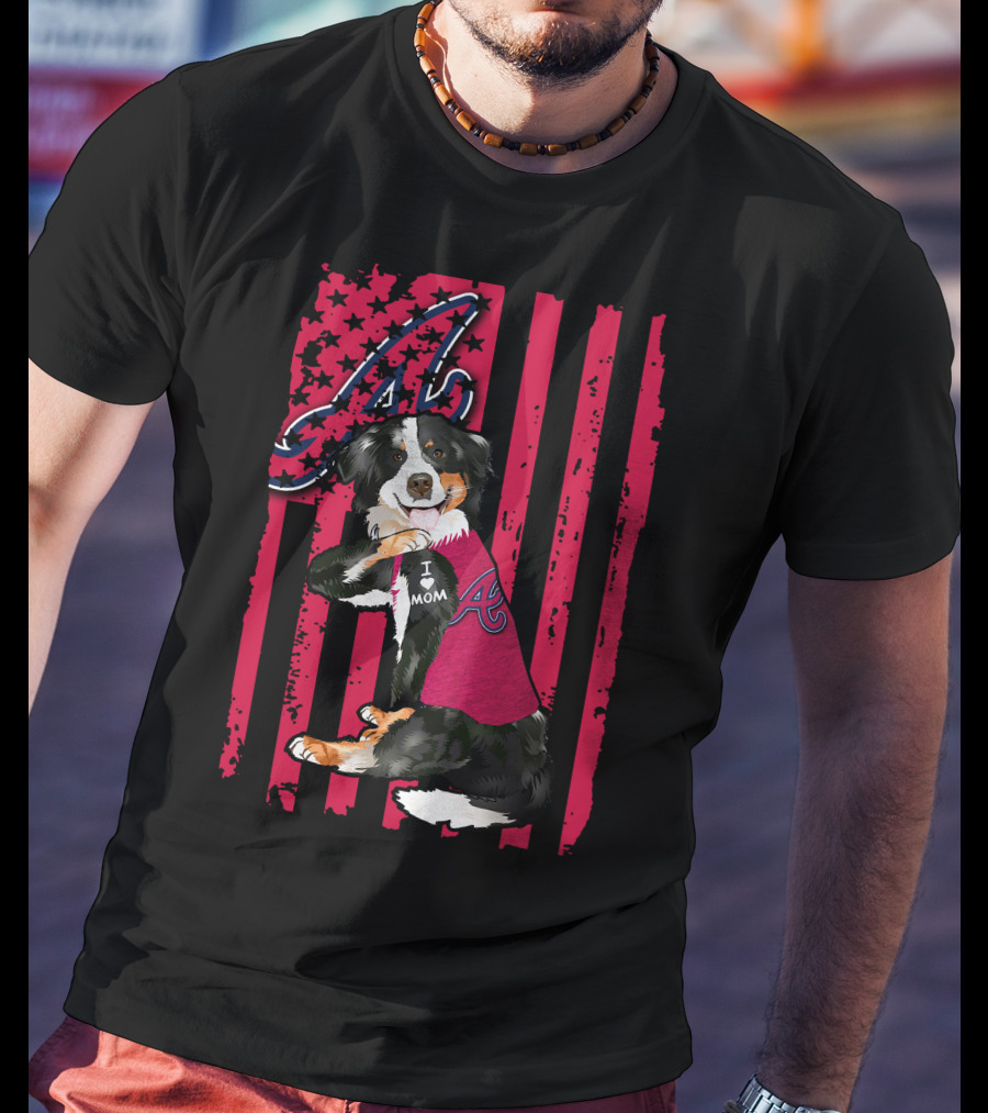 Border Collie I Love Mom Atlanta Braves A American Flag T-Shirt