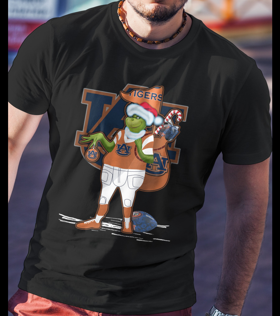 Grinch Christmas Auburn Tigers Football Santa Hat Candy Cane Sack T-Shirt