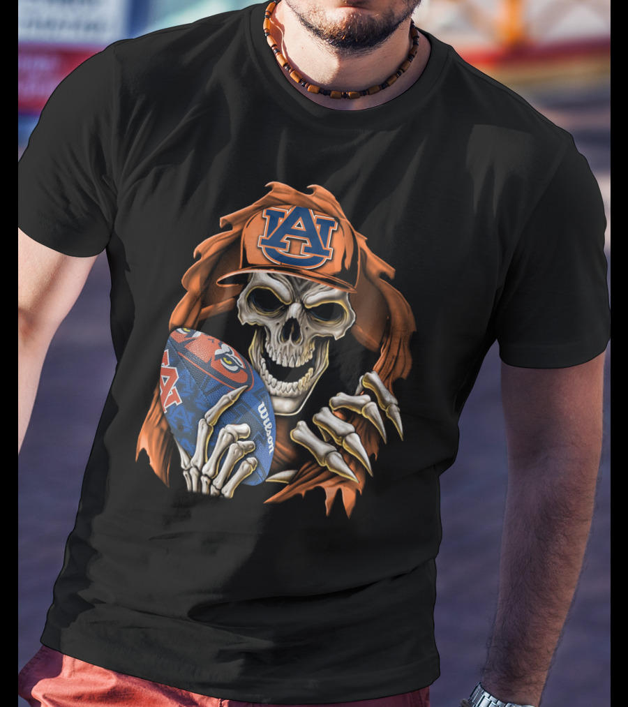 Skullbong Auburn Tigers Skeleton Holding Football Auburn University T-Shirt