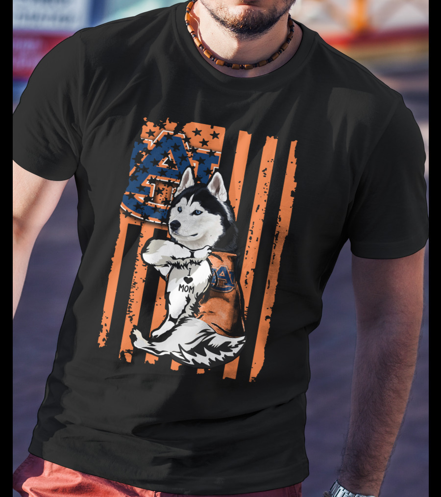 Siberian Husky Auburn Tigers Mom Heart Icon With Orange And Blue Flag T-Shirt