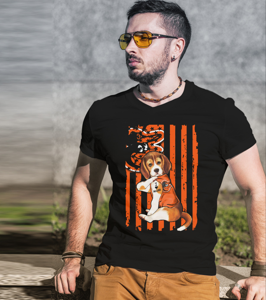 Beagle In Baltimore Orioles Orange With I Love Mom Tattoo And Stars And Stripes Background T-Shirt
