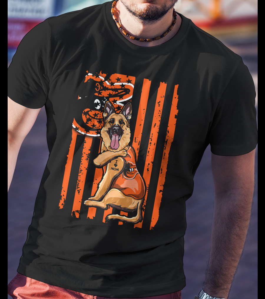 German Shepherd With Baltimore Orioles I Love Mom Tattoo Orange Stripes T-Shirt