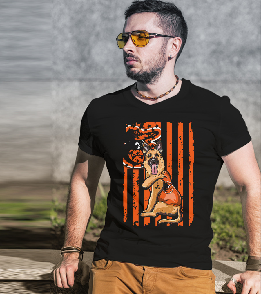 German Shepherd With Baltimore Orioles I Love Mom Tattoo Orange Stripes T-Shirt