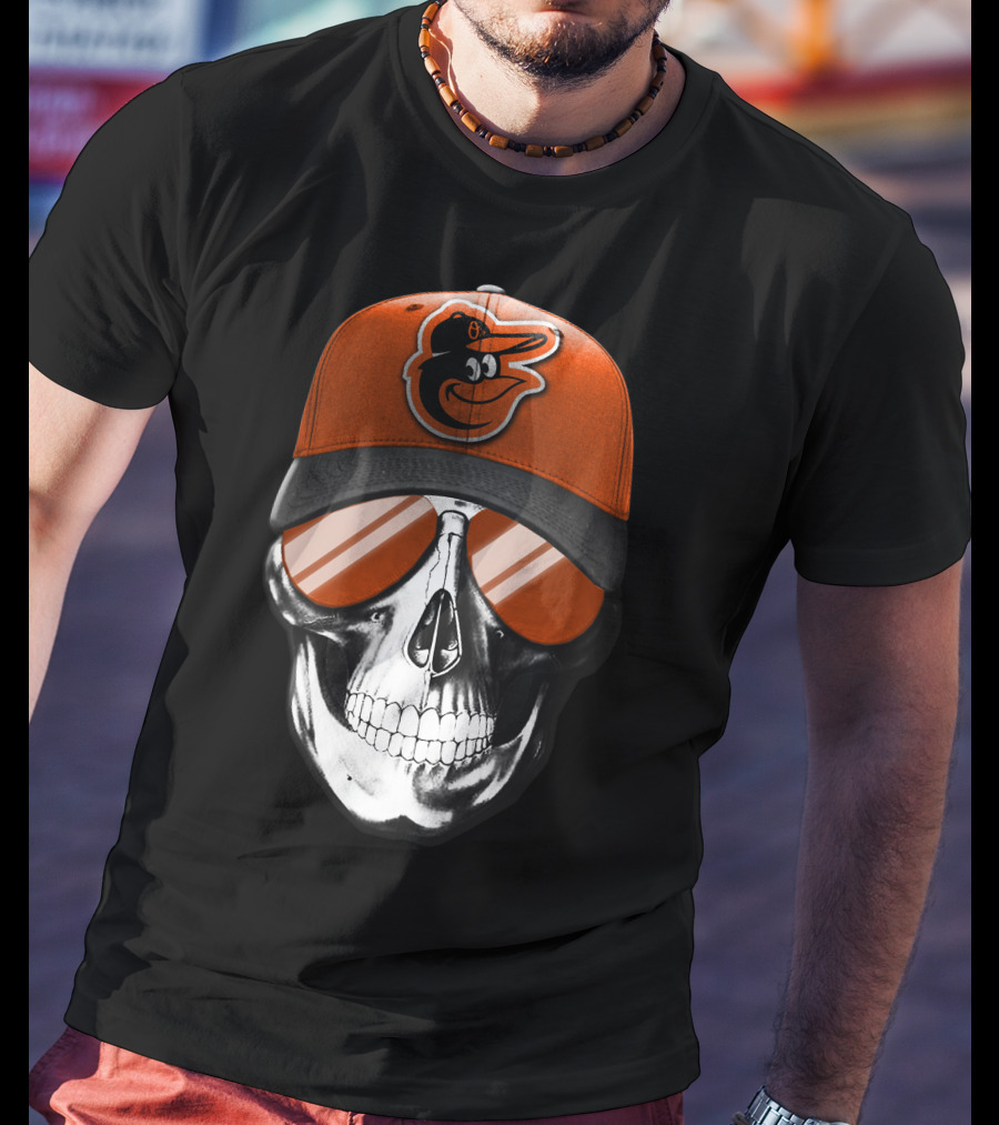 Skull V7 Baltimore Orioles Cap And Sunglasses T-Shirt