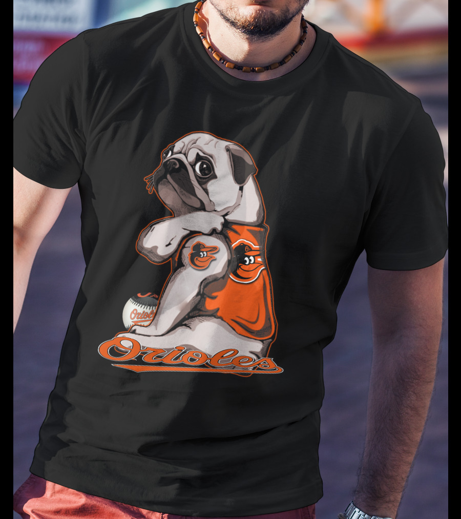 Pug Wearing Baltimore Orioles Jersey With Orioles Baseball T-Shirt