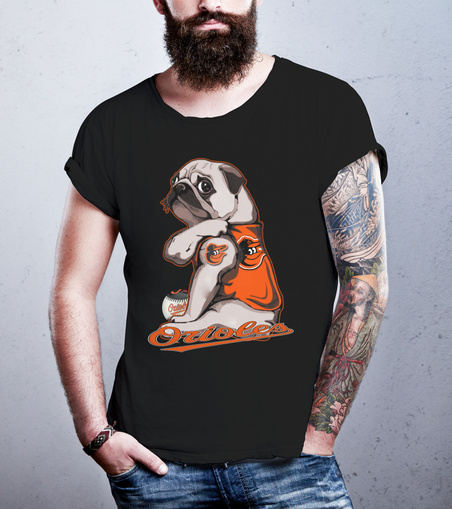 Pug Wearing Baltimore Orioles Jersey With Orioles Baseball T-Shirt