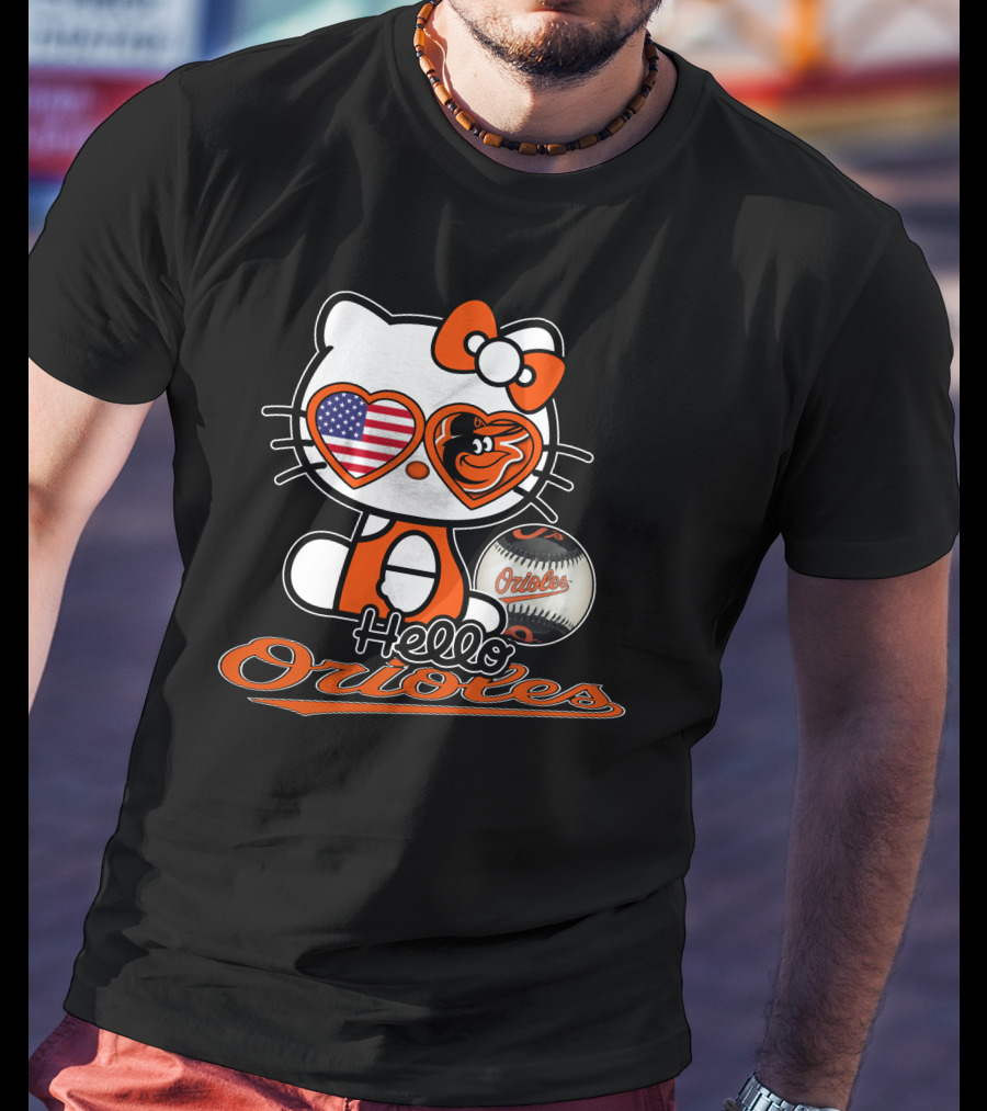Hello Kitty Orioles Baltimore American Flag Baseball T-Shirt