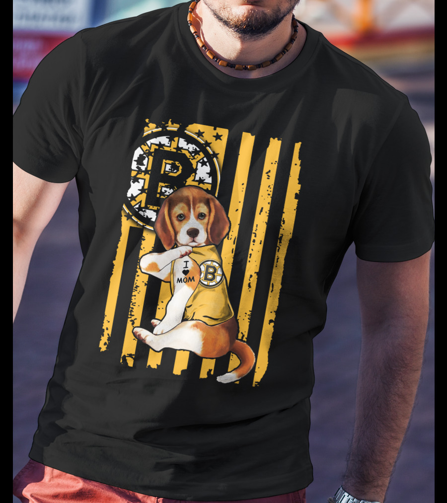 Beagle Puppy I Love Mom Boston Bruins Fan T-Shirt