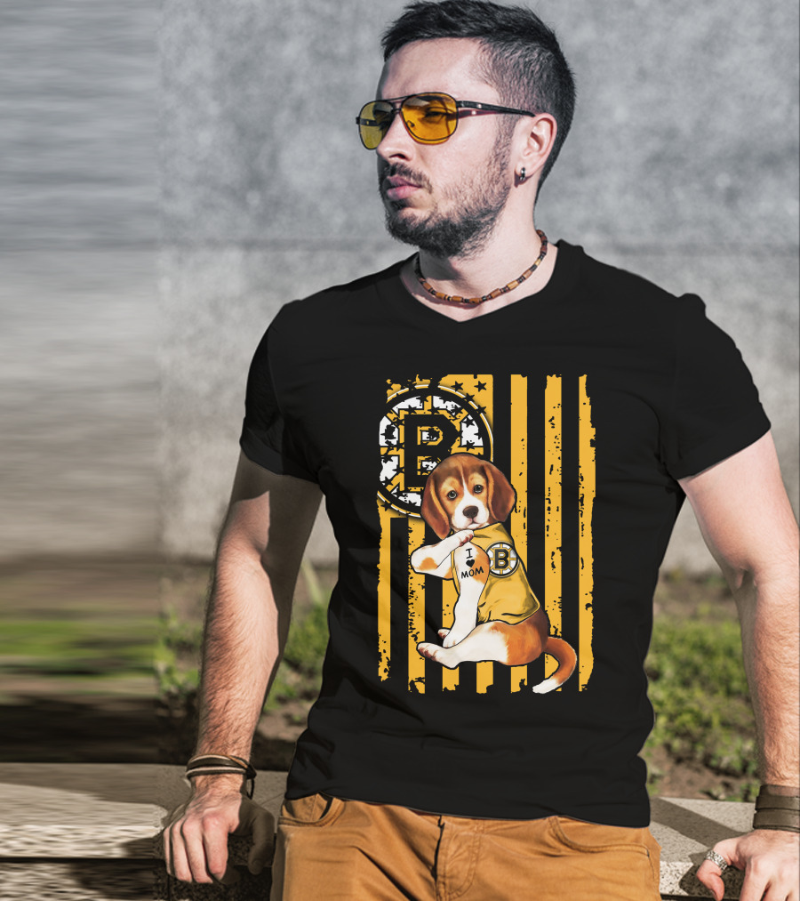 Beagle Puppy I Love Mom Boston Bruins Fan T-Shirt