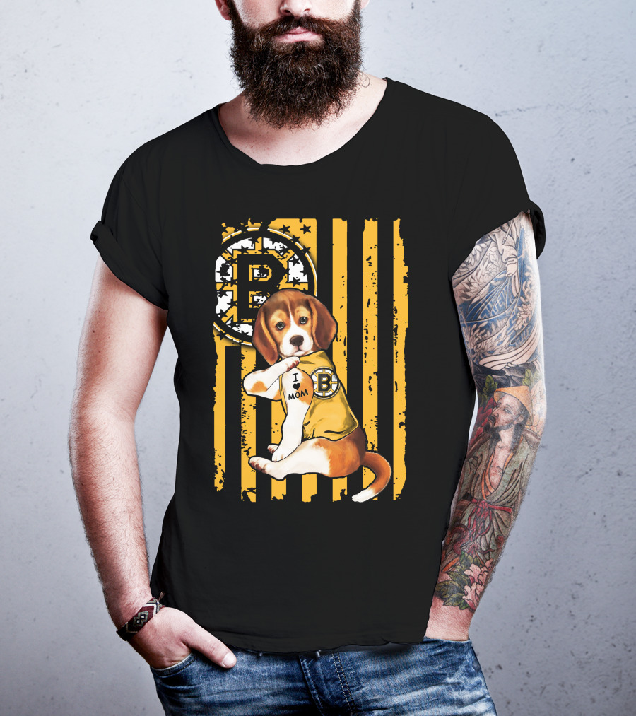 Beagle Puppy I Love Mom Boston Bruins Fan T-Shirt