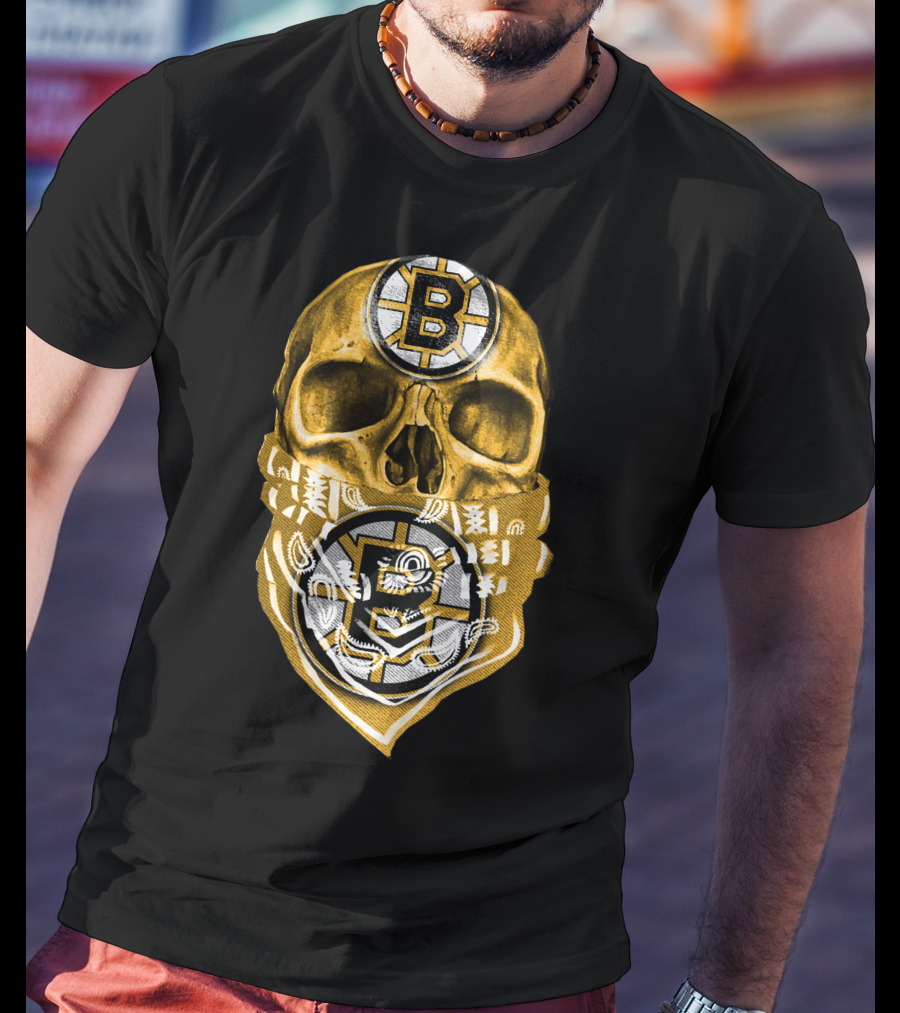 Boston Bruins Skull Bandana Logo Fan T-Shirt