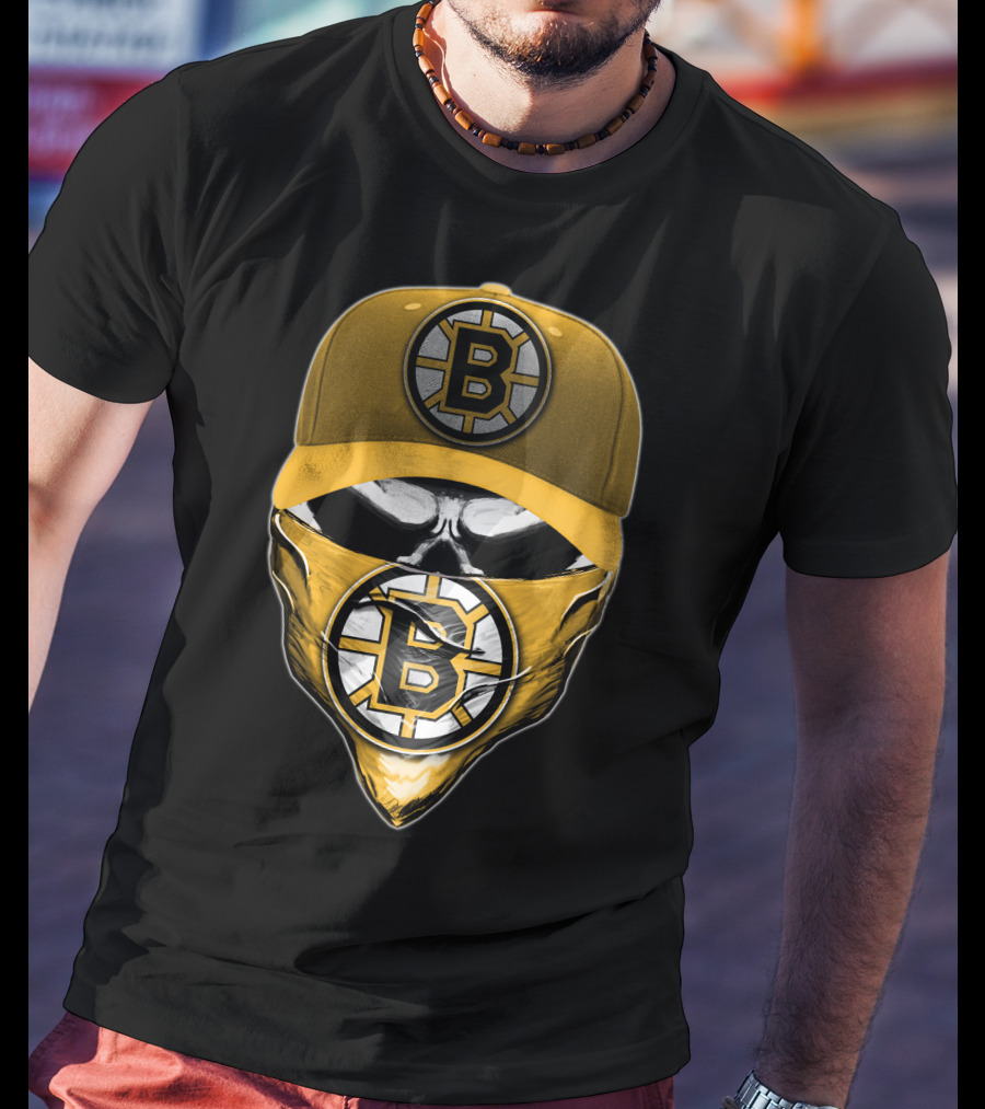 Skull Boston Bruins Logo Cap Mask T-Shirt