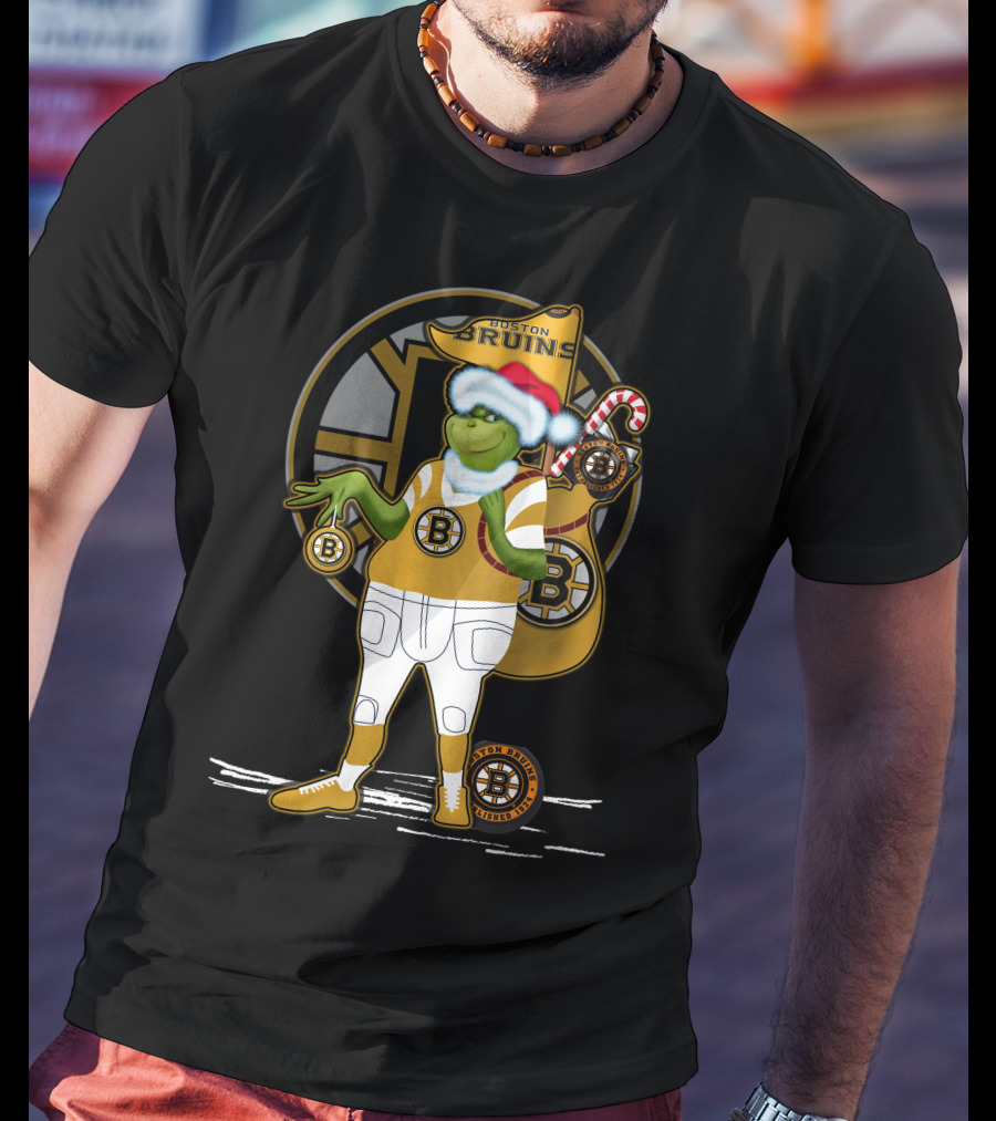 Grinch Boston Bruins Santa Hat Candy Cane Bruins T-Shirt