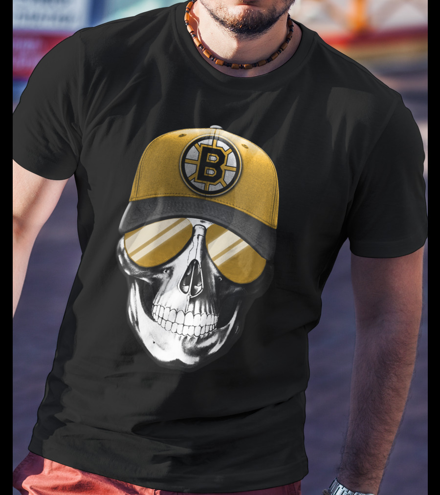 Skull In Yellow Boston Bruins Cap And Sunglasses T-Shirt