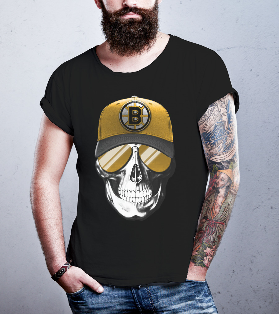 Skull In Yellow Boston Bruins Cap And Sunglasses T-Shirt