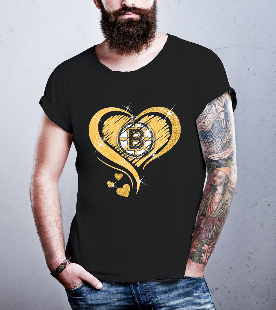 Boston Bruins Heart Glitter Logo Diamond T-Shirt