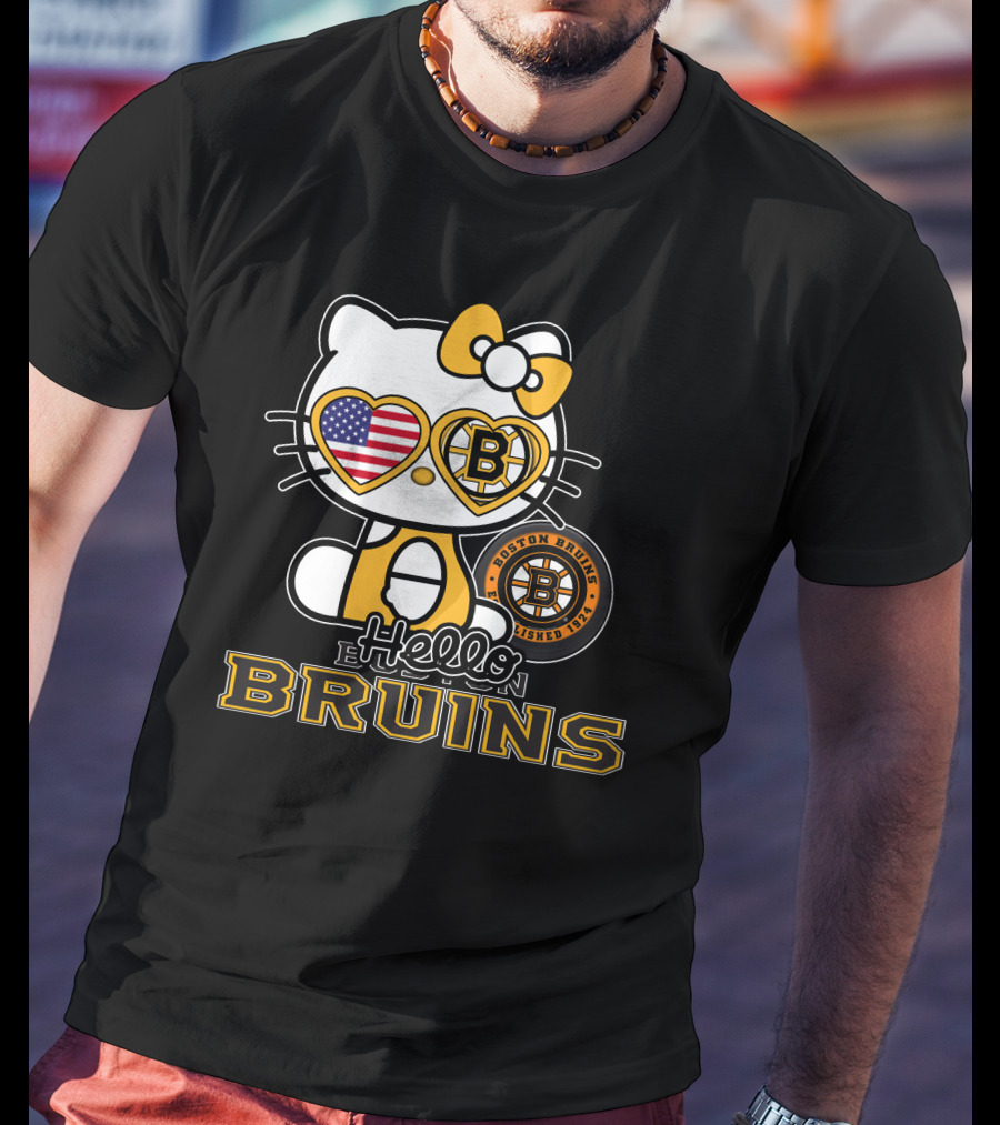 Hello Kitty Boston Bruins Established 1924 USA Flag Heart Sunglasses T-Shirt