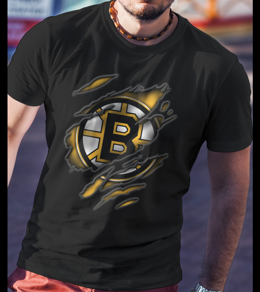 Torn Boston Bruins Logo Emblem Ripped Claw Marks T-Shirt