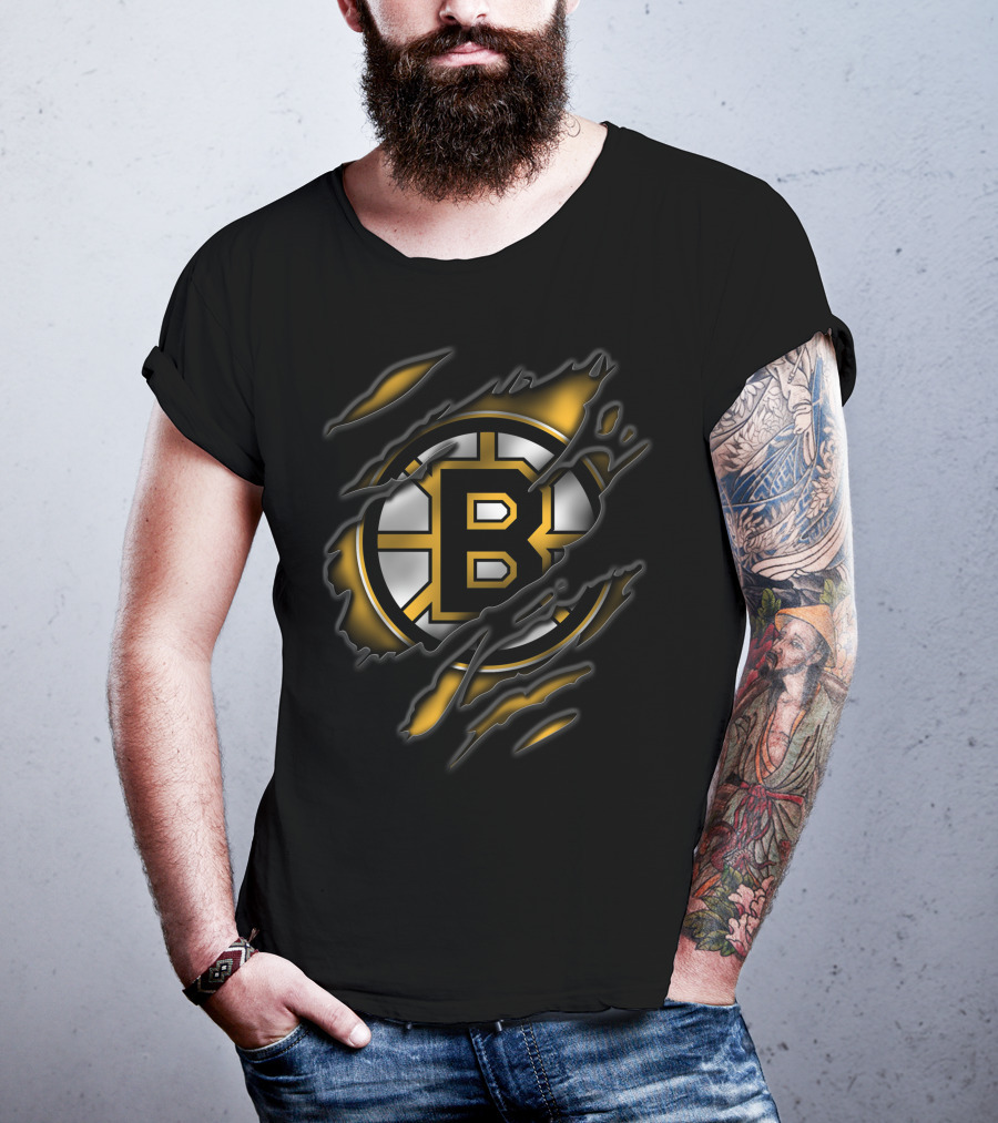 Torn Boston Bruins Logo Emblem Ripped Claw Marks T-Shirt