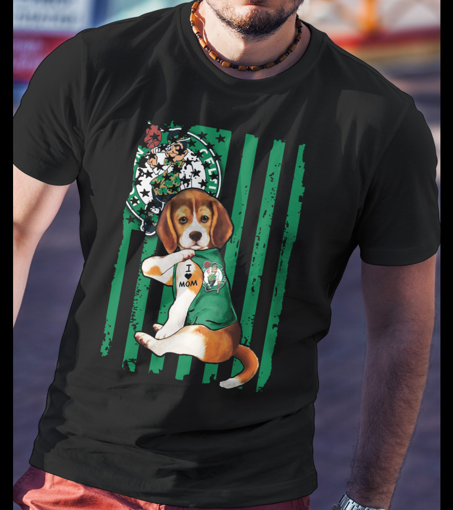 Beagle I Love Mom Boston Celtics Green Stripes T-Shirt
