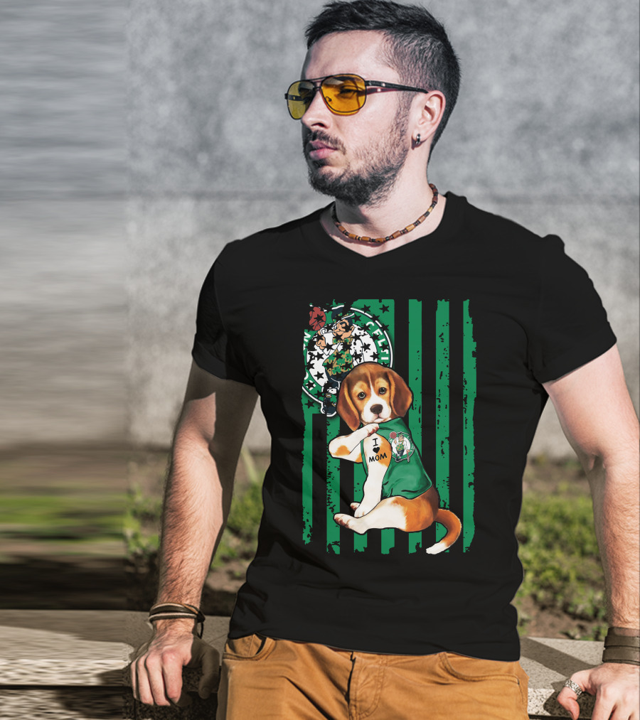 Beagle I Love Mom Boston Celtics Green Stripes T-Shirt