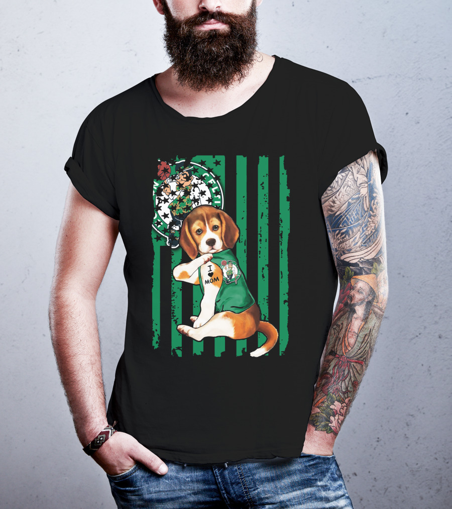 Beagle I Love Mom Boston Celtics Green Stripes T-Shirt