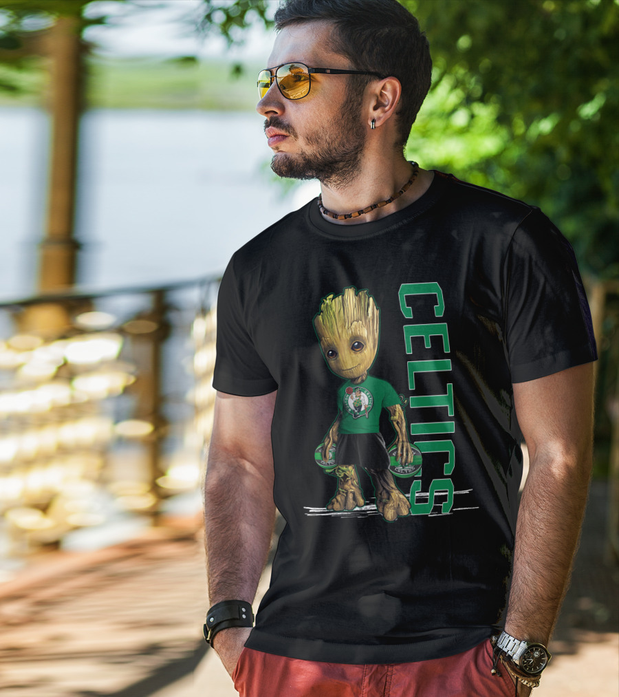 Groot Celtics Boston Fan Art Marvel Basketball Collaboration T-Shirt